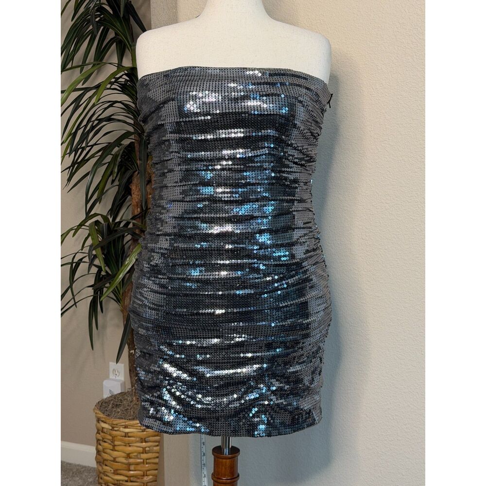 Aidan Mattox Gunmetal Sequin Ruched Strapless Cocktail Mini Dress Size 14